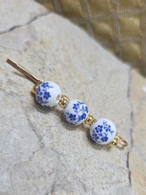 Ceramic Beads Hair Pin Clip Gold Pearls Forget Me Not Flowers